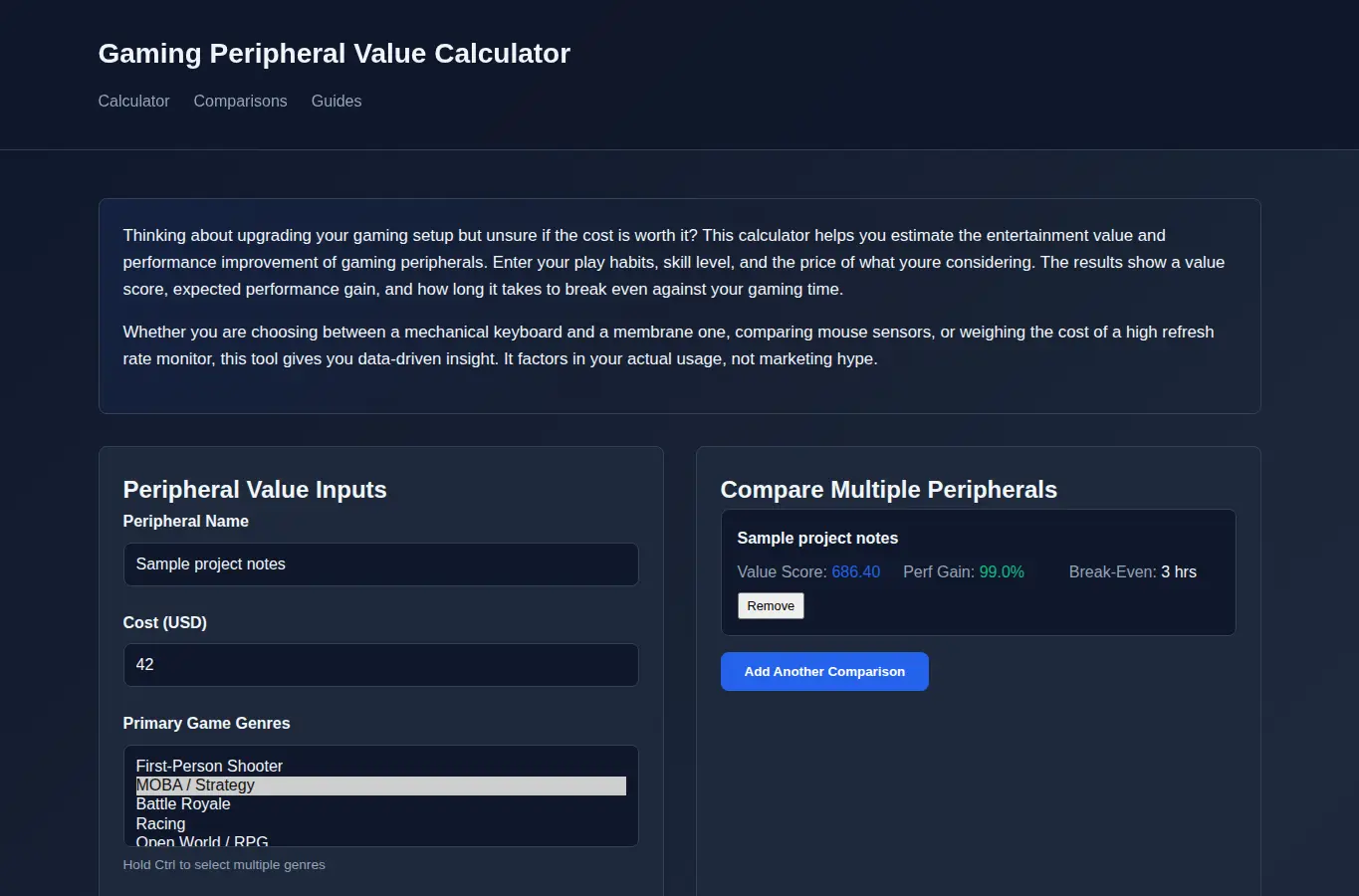 Screenshot of Gaming Peripheral Value Calculator interface showing the project page in use